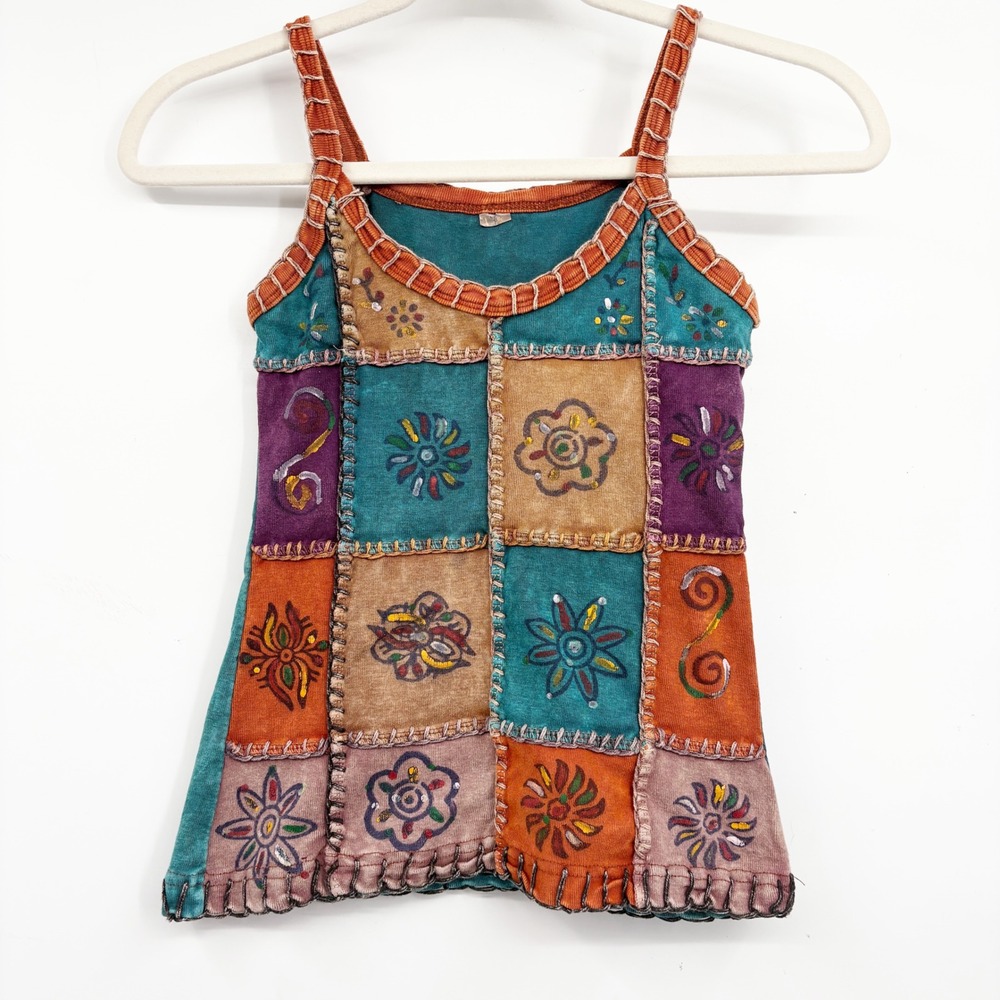 Womens Patchwork Floral Boho Hippie Festival Artsy Granola Tank Top Size S